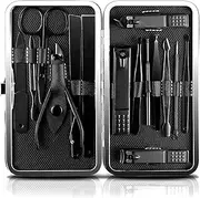 JamBer 15 in 1 Stainless Steel Professional Manicure Pedicure Set Nail Clippers Scissors Grooming Kit, Black