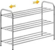 [SKIKEN] 3-Tier Stainless Steel Shoe Rack, 4-Rod Extendable and Adjustable Feet, Small Adjustable Shoe Rack, Standing Storage Shelf Rack for Entryway, Closet, Doorway, Stair Side or Laundry Room