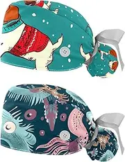 [YTYVAGT] 2-Pc,Nurse Scrub Caps,Scrub Hats with Buttons and Cotton Sweatband,Dog New Year and Colorful Sweaters