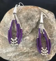 Liquid Silver Heishi Purple Stone Sterling Silver Dangle Tube Earrings 2" 8874