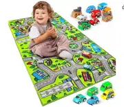 Kids Rug Carpet Playmat, w/14 Pull Back Cars Included - City Life Learn, Have Fu
