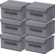NCRGB Pack of 6 Fabric Foldable Storage Boxes with Lid, 26 x 19 x 16 cm, Fabric Storage Container with Lid, Wardrobe Organiser for Clothes Storage, Room Organisation, Grey