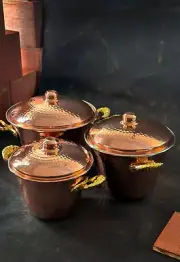 Hammered Copper Rice Pot with Brass Handles and Lid, Copper Stock Pot Nonstick