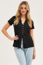 Black Button Front Shirt - Size XS, Women's Singlet