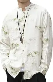 [ZIRIA] Chinese Style Bamboo Leaf Printed Shirt for Men Clothing Spring Autumn Plus Size Tang Suit Vintage Long Sleeve Tops Male
