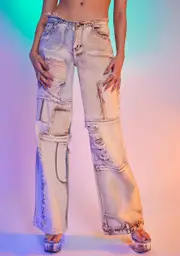 [Jaded London] Brown Skater Fit Distressed Patchwork Denim Jeans