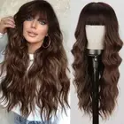 Wigs with Bangs Ombre Brown Wig for Women Long Wavy Synthetic Heat Resistant ...