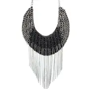 Fringed Leather Bib Statement Necklace Black Stone Purple Beads Chain Fringe