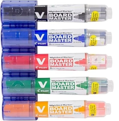 Pilot V BOARD Master BULLET WHITEBOARD MARKERS - 5x COLOURS + MAGNETIC HOLDER