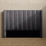 Upholstered Wing Bed Head with Vertical Panels in King, Queen and Double Size (Fossil Grey Velvet Fabric)