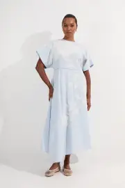 Plus Size Applique And Beaded Linen Woven Midi Dress With Tie Back Detail