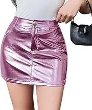 [DINGJIUYAN] Shiny Metallic Skirt Women Faux Leather Stretchy Bodycon Mini Skirts High Waist Sexy Skirt for Party Club Dance Daily, Pink, M