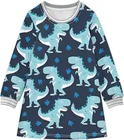 [Joisal] Playful Dino Blue Kid Dresses, Long Sleeve Dress Girls, Christmas Dresses for Toddler Girls, Playful Dino Blue, 4 Years