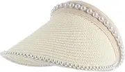 [Ipetboom] Wide Brim Straw Sun Hat Pearl Embellished Women's Casual Sun Cap Uv Protection White