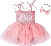 [ChuYuKu] Toddler Baby Girl Outfit My 1st Birthday Dress Summer Skirt Cake Smash Outfits Gifts 12-18Months, Pink