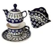 Boleslawiec Polish Pottery Teapot, Cup, Saucer & Coffee Filter Holder Peacock
