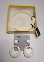Vtg NWT KMT Genuine Lucite Earrings + 5" Bangle Bracelet Pastel White -Off White