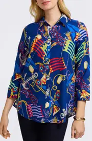 Foxcroft Zoey Nautical Three Quarter Sleeve Linen Blend Button-Up Shirt in Navy Multi at Nordstrom, Size 14W