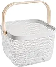Metal Mesh Steel Basket, Garden Harvest Basket for Gathering Vegetables Square Wire Basket with Handle Storage Organizer Multi-functional Fruit Basket Bin for Kitchen Garden Picnic(White)