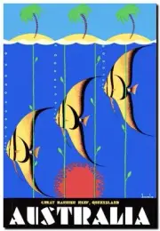 Vintage Travel Poster CANVAS PRINT QLD Great barrier Reef fish Australia 16"X12"
