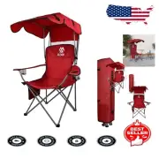 Portable Folding Camping Chair with Canopy & Cup Holders - Burgundy Comfort