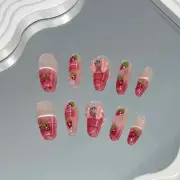 Medium Length Ballerina Shaped Strawberry Pattern handmade nail, with Pink Bow