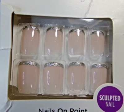 Kiss Voguish Fantasy Silver Glitter French Glue On Nail Short Square *READ*