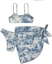 [Generic] Girl's 3 Piece Bikini Set Floral Print Drawstring Front Swimsuit with Cover Up Skirt