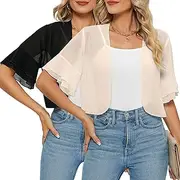 [Syhood] 2 Pack Women Sheer Shrug, 3/4 Sleeve Bolero Cardigan Lightweight Chiffon Cropped Tops Open Front Shrug for Evening Dresses