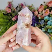 354G FLOWER AGATE TOWER OBELISK WITH DRUZY PINK QUARTZ CRYSTAL POINT HOME DECOR