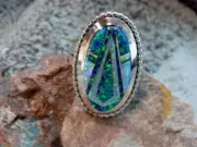 Ladies Sterling Silver Created Opal Inlay Ring Navajo James Lee Size 10