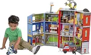 KidKraft Everyday Heroes Wooden Fire Station Play Set with Toy Fire Engine, Police Motorcycle, Helicopter, Dog and Fireman Action Figures Included, Kids' Toys, 63239