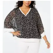 Women's Tommy Hilfiger Chiffon Layered Blouse Black White Floral 2X Plus NEW TAG