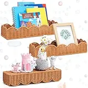 Pinkunn 3 Set Nursery Book Shelves Rattan Wall Shelf 15.8 Inch Wall Mounted Floating Bookshelves for Books Photo Frames, Hanging Boho Wicker Woven Wall Shelf for Nursery Farmhouse