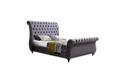Queen Size Sleigh Bedframe Velvet Upholstery Grey Colour Tufted Headboard And Footboard Deep Quilting