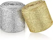 2 Rolls 20 Yards Christmas Ribbon Metallic Glitter Ribbon Wired Edge Decorative Fabric Ribbons for Party Wrapping Home Decorations Wedding Birthday DIY Crafts 2.5 Inch (Gold, Silver)