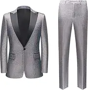 [JEShifangjiusu] Men's Two Piece Tuxedo Dress Suit with Trousers, One Button, Pointed Lapel for Club Party, grey, L