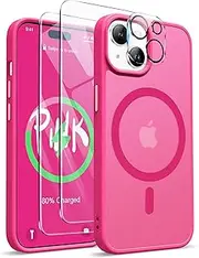 ORETECH for iPhone 15 Case Compatible with MagSafe with [2 Screen Protector] and [1 Camera Protector] Shockproof Military Protection Magnetic Matt Frosted Back iPhone 15 Phone Case,Hot Pink