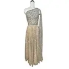 Mac Duggal RARE Gold Beaded Metallic One Shoulder Cape Sleeve Gown| 2