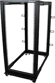 StarTech.com 25U Adjustable Depth Open Frame 4 Post Network Server Rack Cabinet with Casters/Levelers and Cable Management Hooks 4POSTRACK25U Black