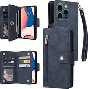 YocoverTech for iPhone 15 Pro Max Case,for iPhone 15 Pro Max Wallet Case[6 Card Slots and 1 Zipper Coin Pocket] PU Leather Stand Flip Cover with Wrist Strap[6.7 inch]-Blue