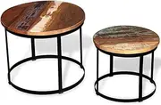 Solid Reclaimed Wood Two Piece Coffee Table Set Industrial-Style Sofa Table Round Side Table Iron Frame End Table Furniture Set for Living Room Bedroom 19.7" x 19.7" x 16.1"