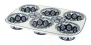 Blue Rose Polish Pottery Peacock Swirl Muffin Pan