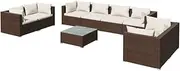 vidaXL Garden Lounge Set - 9 Piece Modular Outdoor Furniture with Cushions, Brown, Made from Poly Rattan, Powder-Coated Steel, Tempered Glass.