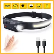 COB LED Motion Sensor Headlamp USB Rechargeable Band Headlight Torch Flashlight