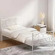 [Artiss] Single Metal Bed Frame with Headboard(Base Only), Metal Platform Bed with Easy Assembly, Heavy-Duty Metal Slats with Under Bed Storage for Bedroom/Student Apartment, White