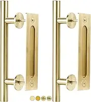 12-Inch Brushed Brass Gold Barn Door Handle Kit, Closet Door Handle Stainless Steel, Pull Handle and Flush Handle Set, Heavy Duty Large Sliding Door Handles (2-Door Pack)