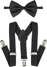 [CaySep] Child Kids Adjustable Suspenders and Bow Tie Set - Black Elastic Y-Back Suspenders Ages 2-10 Years, Bow-black