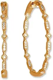 [JewelryWeb] 14k Gold Plated 925 Sterling Silver in Out CZ Diamond and Elongated Hexagon Hoop Earrings Hoops Have a Pattern-Hoop Earring for Women