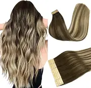 DOORES Human Hair Extensions Tape in Real Balayage Walnut Brown to Ash Brown and Bleach Blonde 45cm 20pcs 50g Tape in Hair Extensions Real Hair Extensions Straight